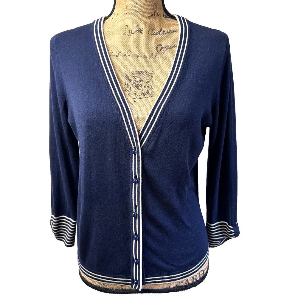 Kate Spade Navy Ivory Stripes Bow Cuff 3/4 Sleeve Cardigan Sz M